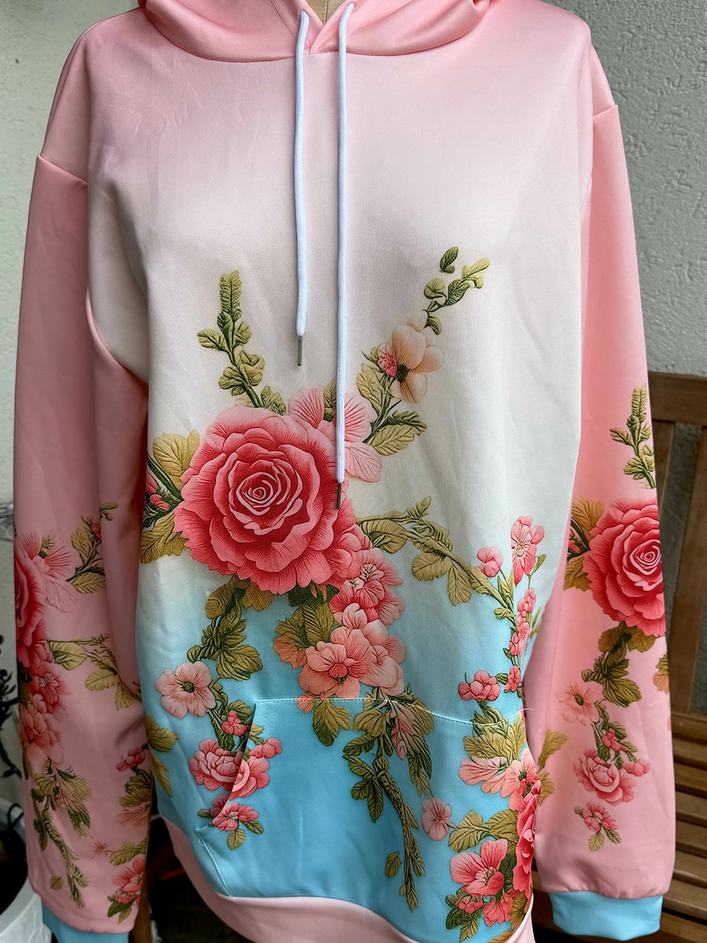Pink & Blue Floral Hoodie with Rose Print